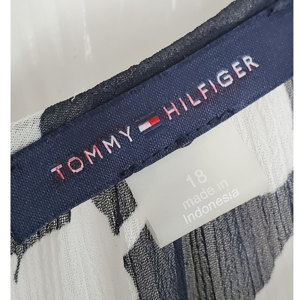 Tommy Hilfiger SHEER Maxi Dress Navy White Floral Chiffon Tiered Short Sleeve 18 - Picture 6 of 7